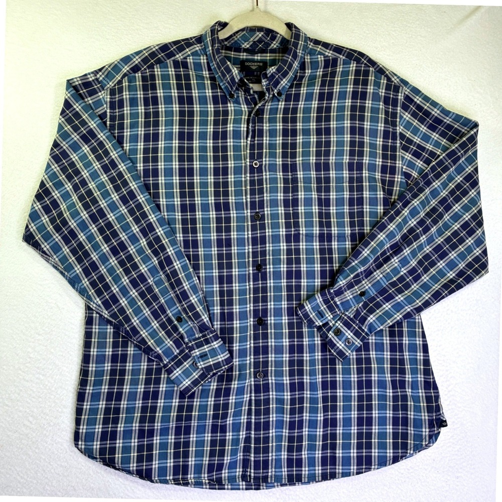 Dockers Mens XL Blue Plaid Button Down Shirt Long Sleeve 100% Cotton